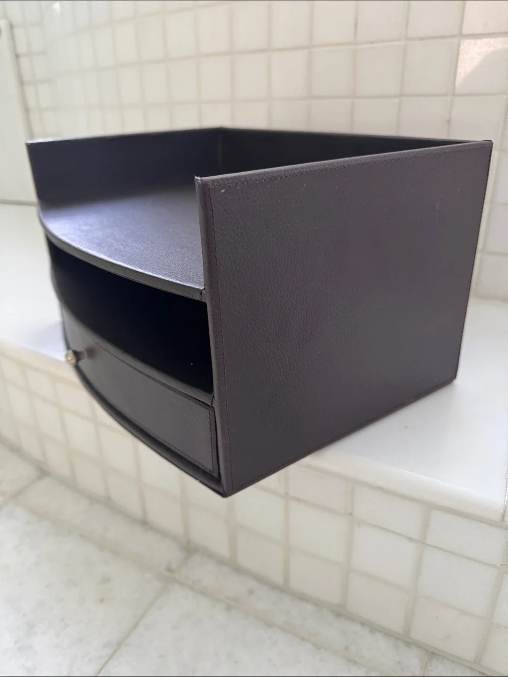 Brown Leather-Textured Bathroom Organizer with Drawer
